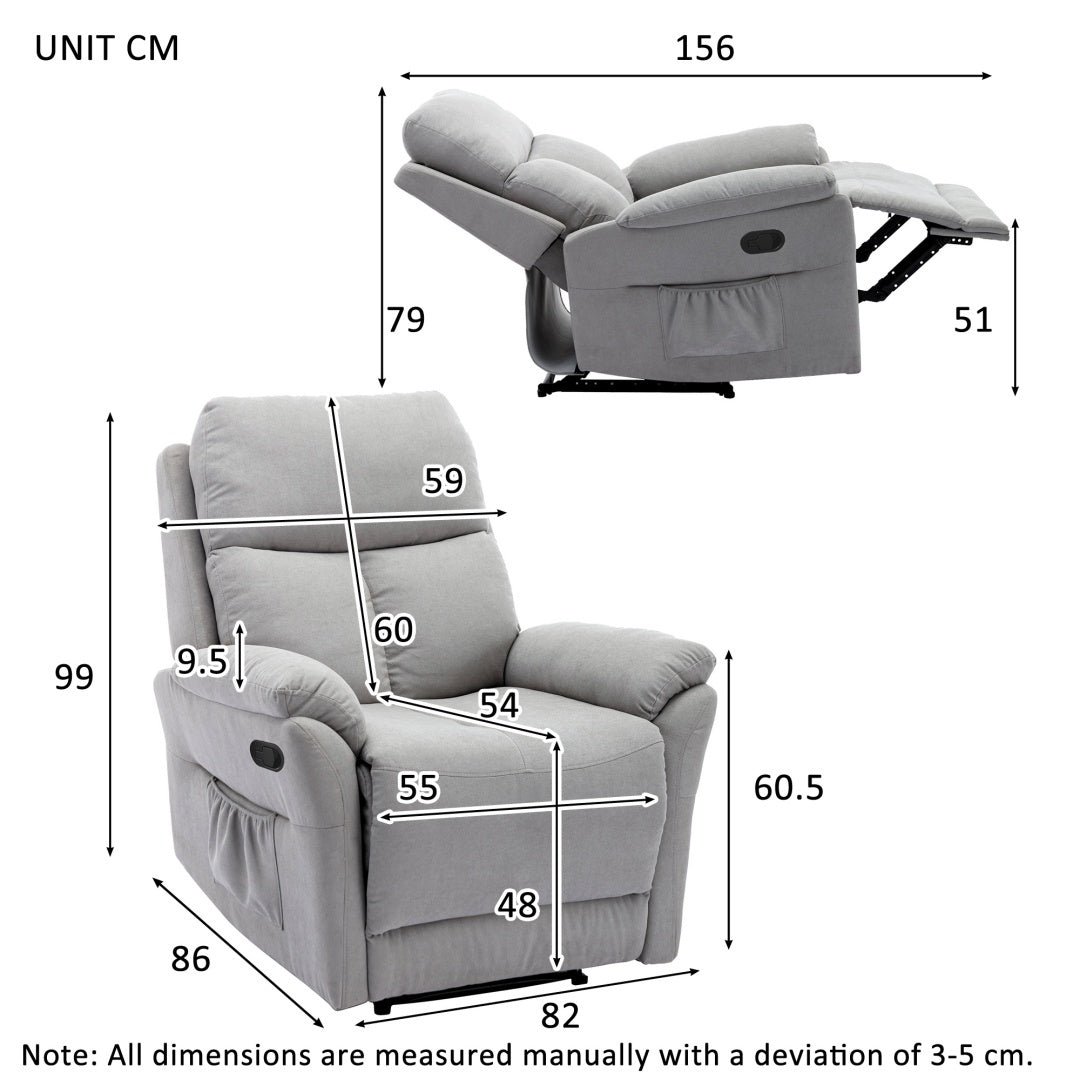 Recliner Armchair for the Elderly – Soft Fabric Chair with Side Pockets, Adjustable Backrest