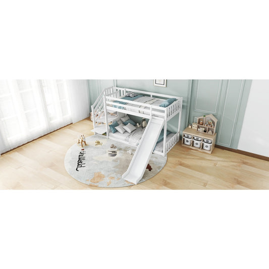 Kids Pine Bunk Bed with Stairs, Slide &amp; Storage – White 90x190cm