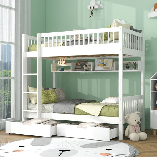 Solid Pine Kids Bunk Bed with Slide Drawer &amp; Shelf – White 90x190cm