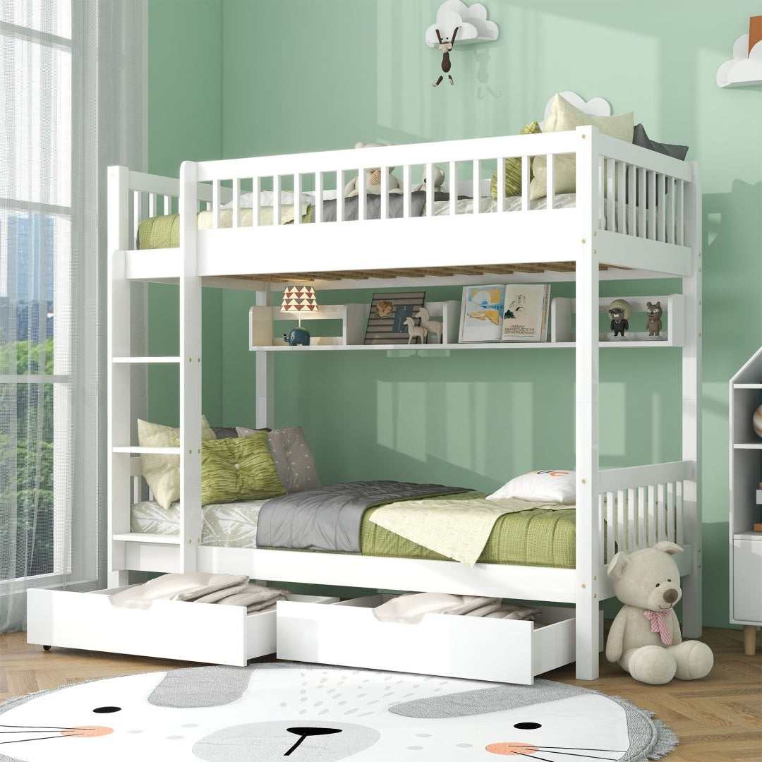 Solid Pine Kids Bunk Bed with Slide Drawer &amp; Shelf – White 90x190cm