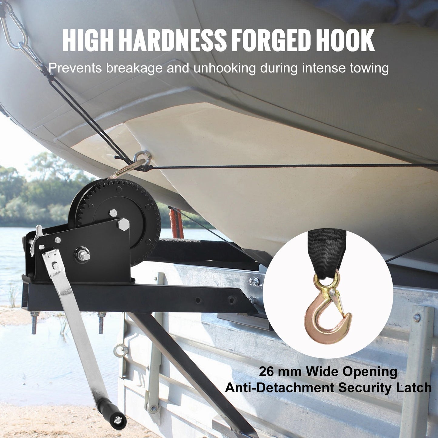 Hand Winch, 1587.6 Kg Pulling Capacity, Boat Trailer Winch Heavy Duty Rope Crank With 1005.8 Cm Polyester Strap And Two-Way Ratchet, Manual Operated Hand Crank Winch For Trailer, Boat Or ATV Towing