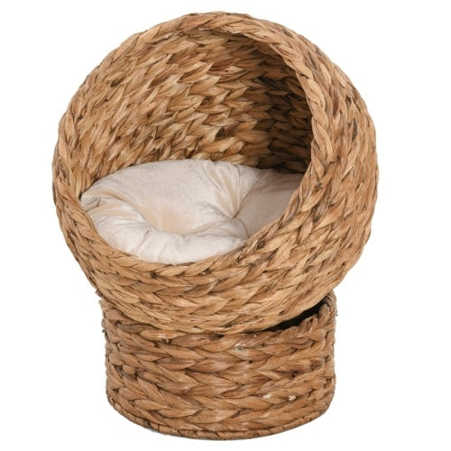 PawHut Wicker Cat Bed, Raised Rattan Cat Basket With Cylindrical Base, Soft Washable Cushion, 50 X 42 X 60 Cm - Brown