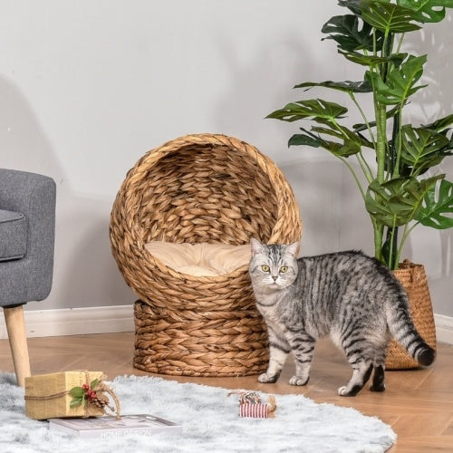 PawHut Wicker Cat Bed, Raised Rattan Cat Basket With Cylindrical Base, Soft Washable Cushion, 50 X 42 X 60 Cm - Brown