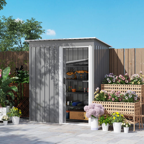 Outsunny 5 X 3ft Garden Storage Shed With Sliding Door And Sloped Roof Outdoor Equipment Tool, Light Gray