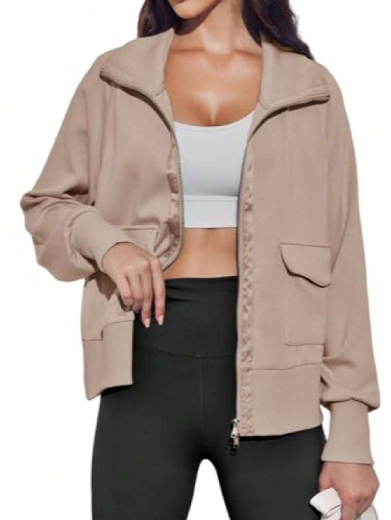 Fisoew Women's Zip Up Sweatshirt Collared Neck Long Sleeve Loose Casual Lightweight Jacket With Pockets