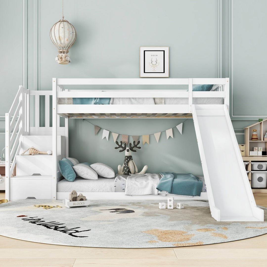 Kids Pine Bunk Bed with Stairs, Slide &amp; Storage – White 90x190cm