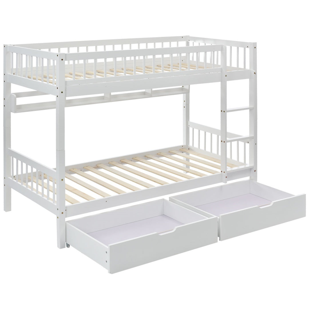 Solid Pine Kids Bunk Bed with Slide Drawer &amp; Shelf – White 90x190cm