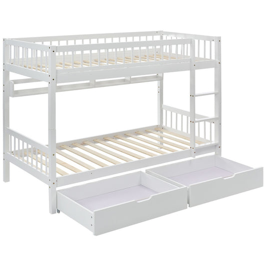 Solid Pine Kids Bunk Bed with Slide Drawer &amp; Shelf – White 90x190cm