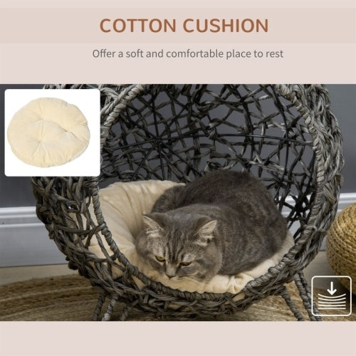 PawHut Rattan Elevated Cat Bed House Kitten Basket Ball Shaped Pet Furniture W Removable Cushion - Silver-Tone And Gray