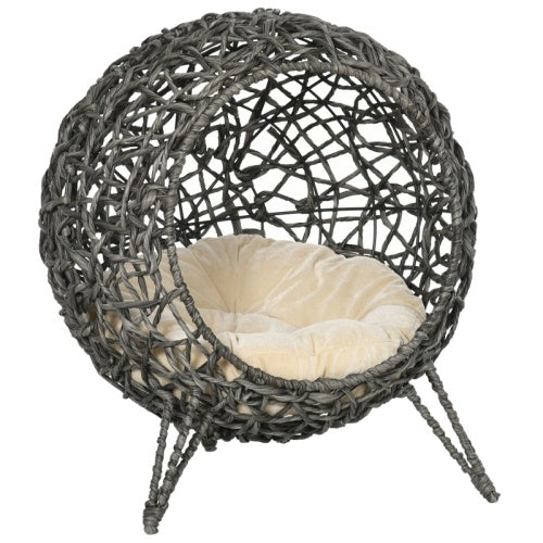 PawHut Rattan Elevated Cat Bed House Kitten Basket Ball Shaped Pet Furniture W Removable Cushion - Silver-Tone And Gray