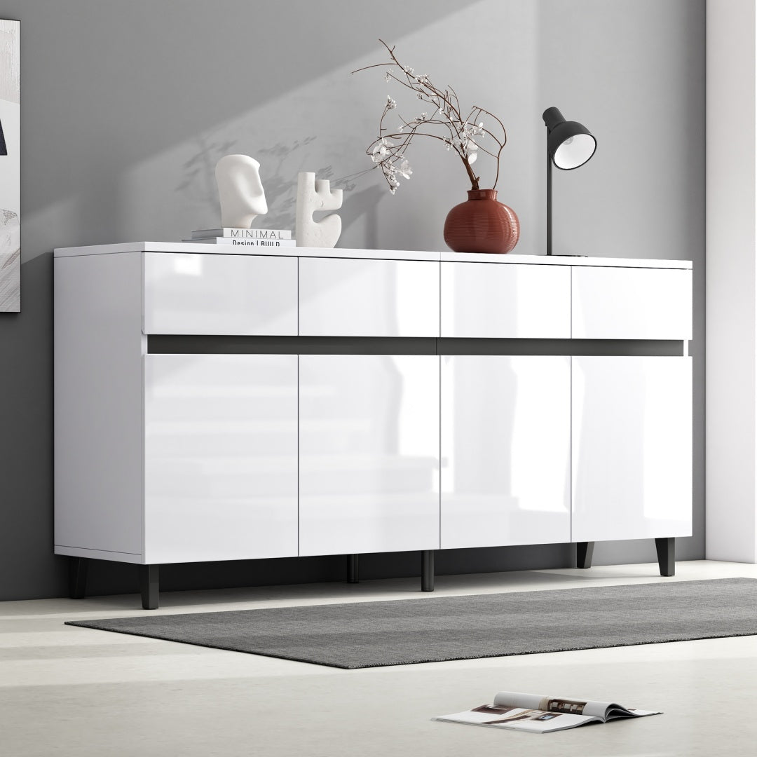 Modern White Sideboard Cabinet with 4 Drawers &amp; 4 Doors – 160x40x68cm