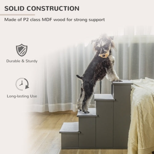 PawHut 4 Step Wooden Dog Steps Pet Stairs For Dogs, Cat Ladder For Bed Couch With Non-Slip Carpet 40 X 59 X 54.2 Cm,