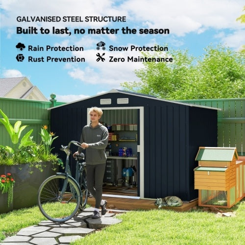 Outsunny 9 x 6ft Metal Bicycle Shed, Outdoor Storage Tool House with Ventilation Slots, Foundation Kit and Lockable Double Doors, Dark Gray