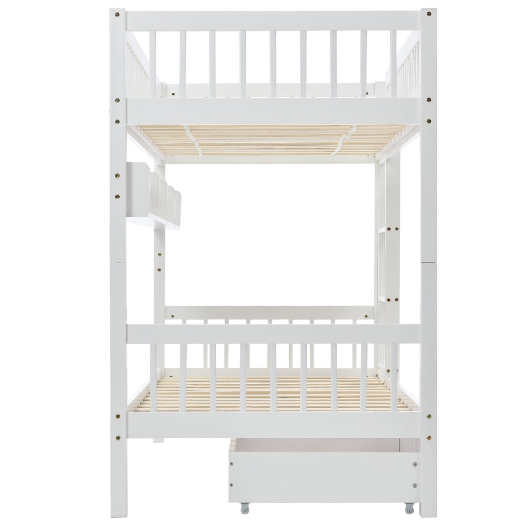 Solid Pine Kids Bunk Bed with Slide Drawer &amp; Shelf – White 90x190cm