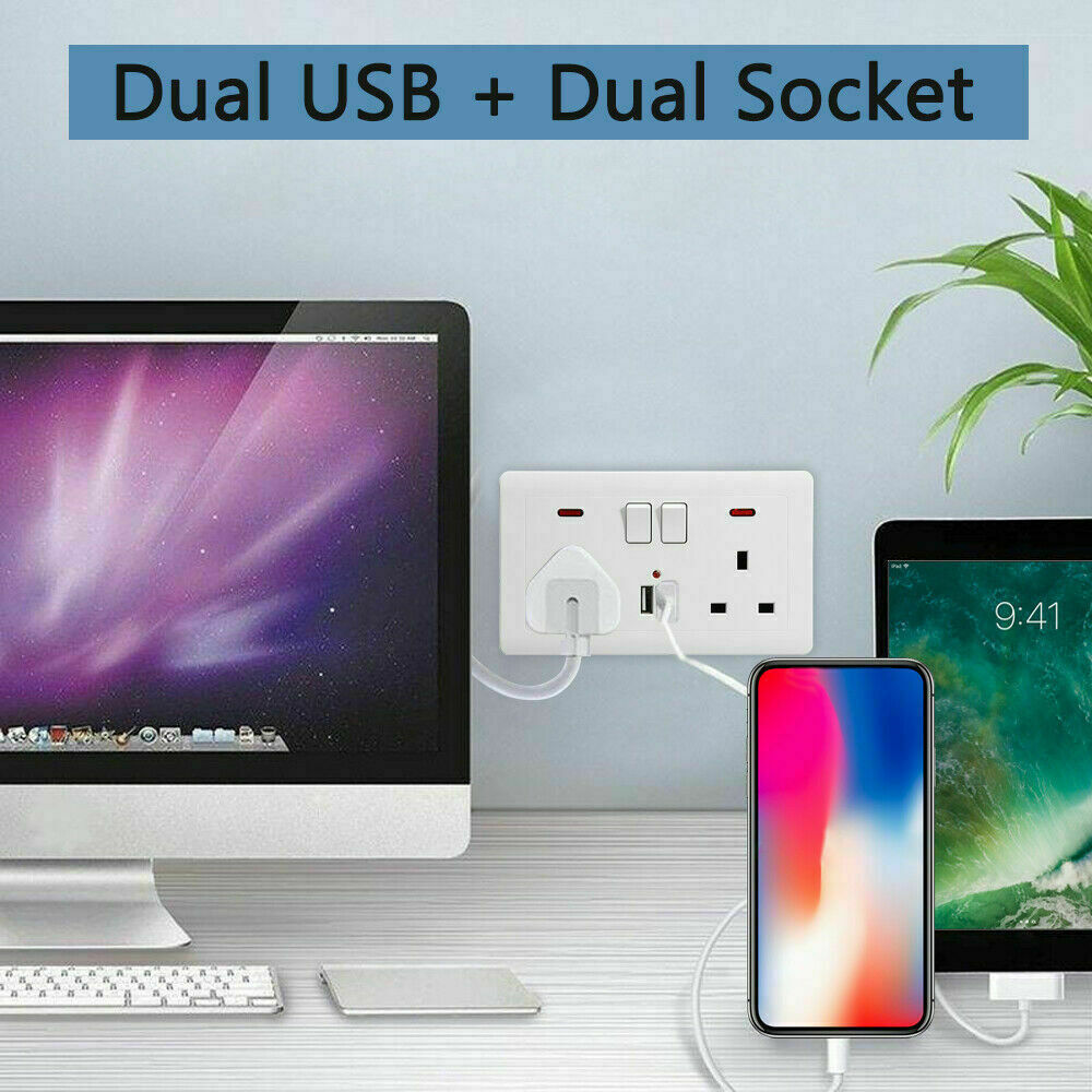 Double Wall Plug Socket 2 Gang 13A W 2 Charger USB  Outlets Flat Plate UK