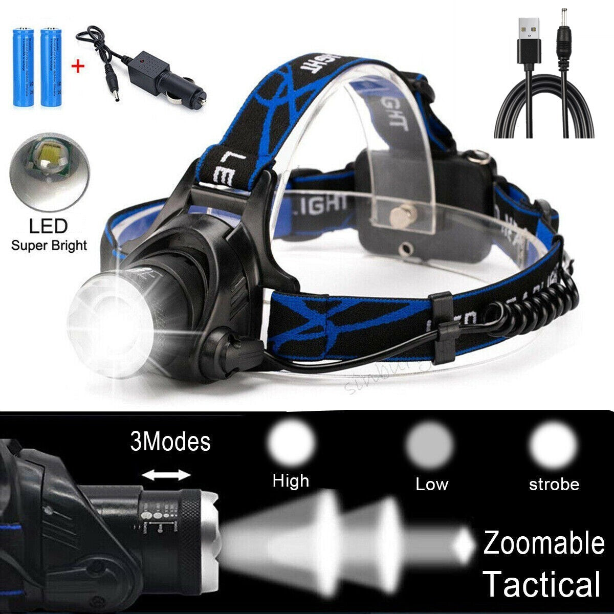 LED Headlamp Rechargeable Head Torch Zoom Headlight Super Bright Flashlight 3 Modes Work Light With 2 Li-ion Batteries