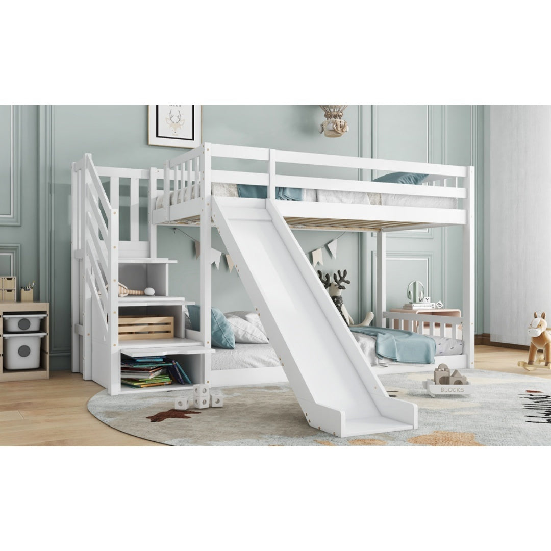 Kids Pine Bunk Bed with Stairs, Slide &amp; Storage – White 90x190cm
