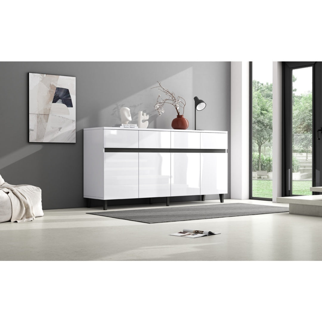 Modern White Sideboard Cabinet with 4 Drawers &amp; 4 Doors – 160x40x68cm