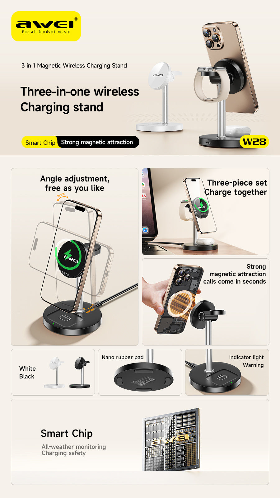 AWEI 3-in-1 Multi-function Wireless Charger