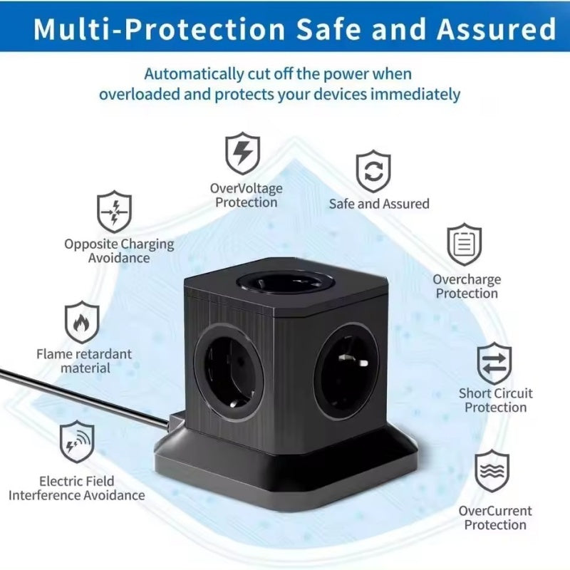 Power Cube Socket with USB Ports – 6-in-1 Extension Tower (Black)