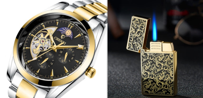 Luxury Automatic Mechanical Watch – Gold & Silver Stainless Steel Skeleton Design