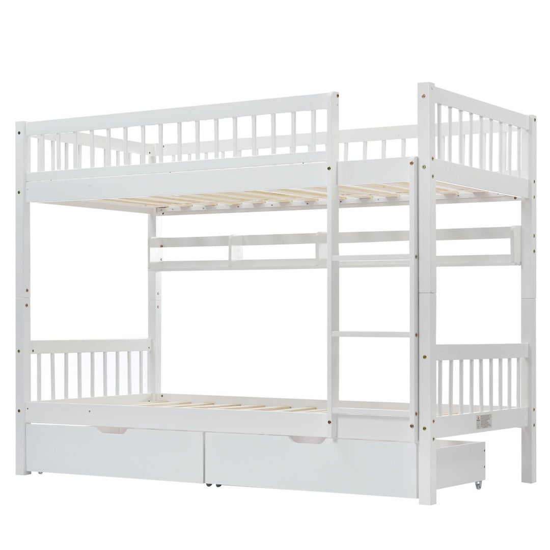 Solid Pine Kids Bunk Bed with Slide Drawer &amp; Shelf – White 90x190cm