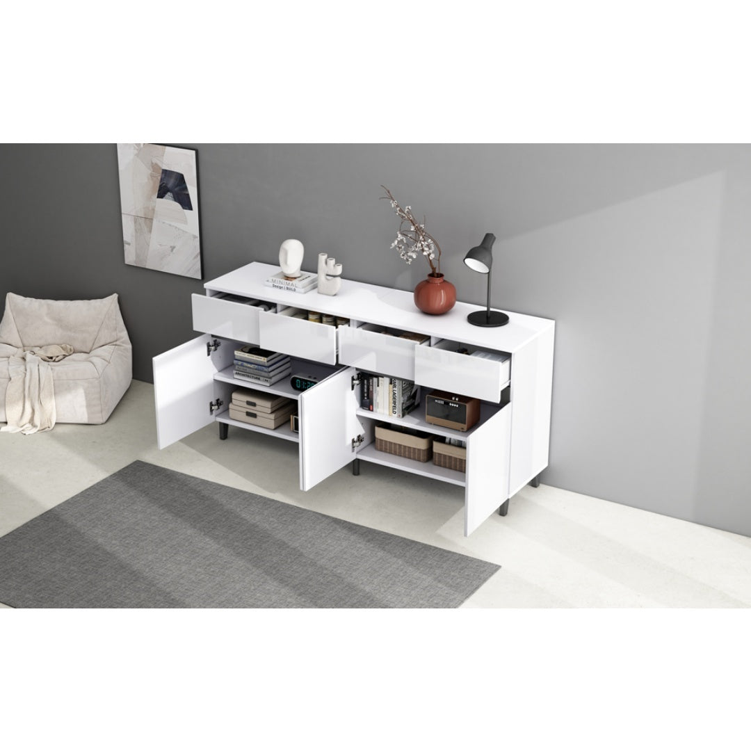 Modern White Sideboard Cabinet with 4 Drawers &amp; 4 Doors – 160x40x68cm