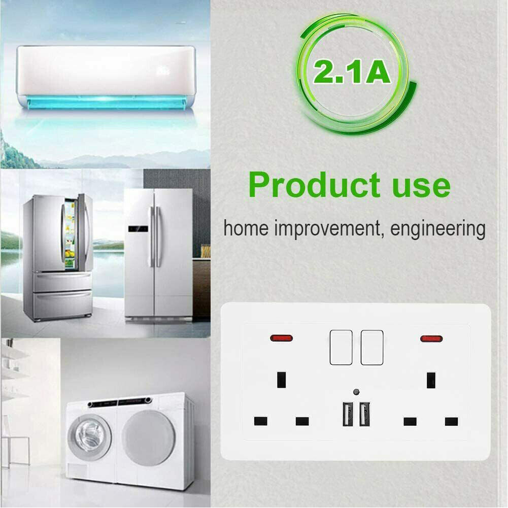 Double Wall Plug Socket 2 Gang 13A W 2 Charger USB  Outlets Flat Plate UK