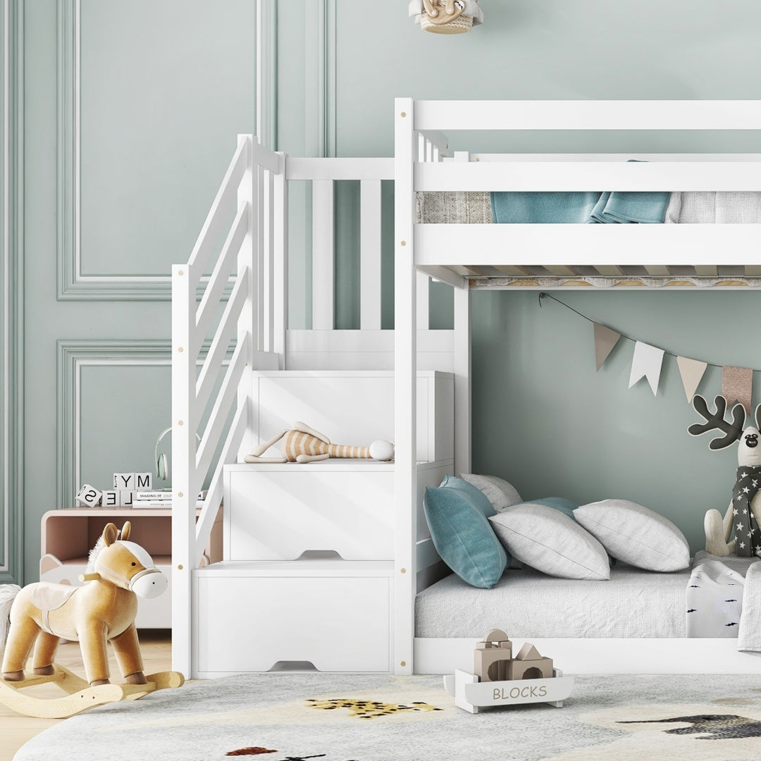 Kids Pine Bunk Bed with Stairs, Slide &amp; Storage – White 90x190cm