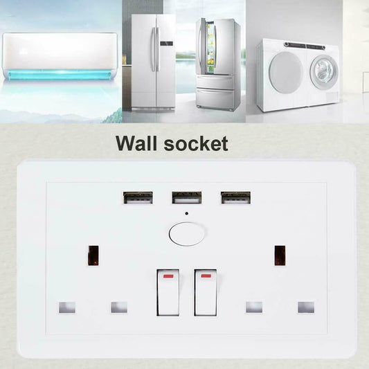 Double Wall Plug Socket 2 Gang 13A W 2 Charger USB  Outlets Flat Plate UK