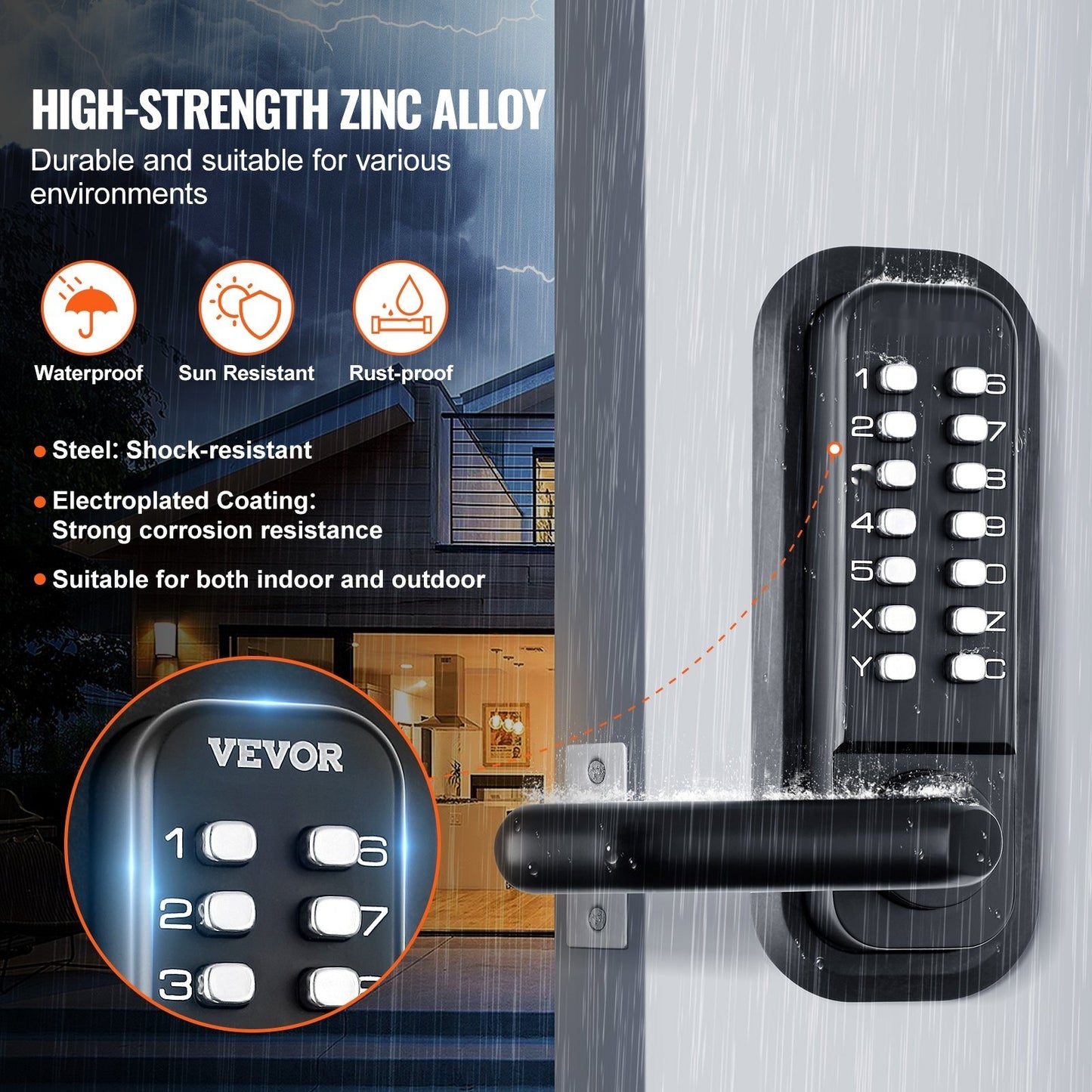 Mechanical Keyless Door Lock – 14-Digit Keypad, Dual-Sided Outdoor Lock, Automatic Security