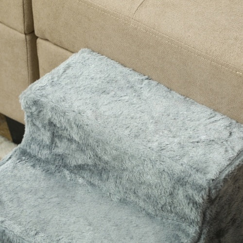 PawHut Three-Step Dog Stairs, With Washable Plush Cover, For High Bed Sofa, Dog Stairs For Small Dog And Cat - Light Gray