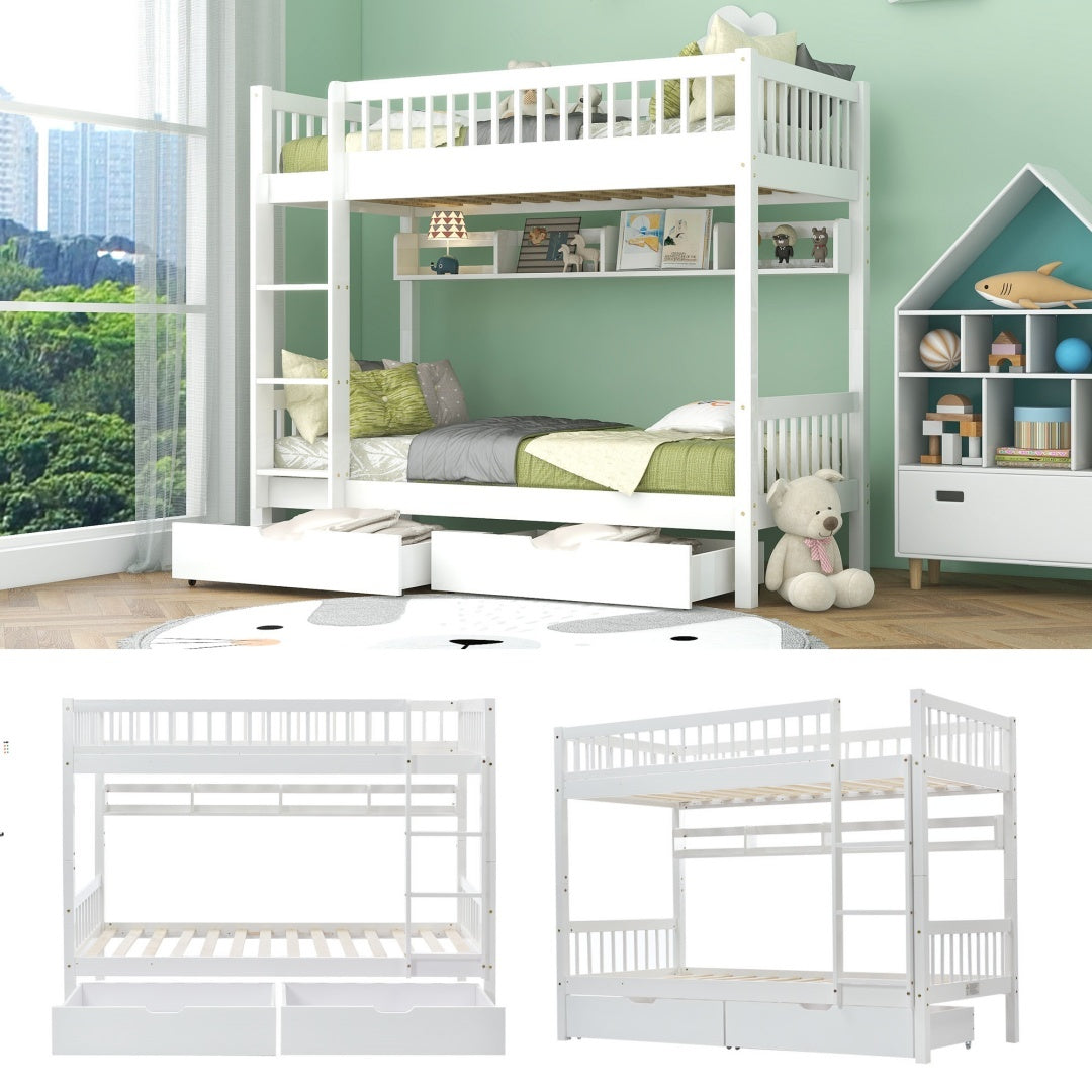 Solid Pine Kids Bunk Bed with Slide Drawer &amp; Shelf – White 90x190cm
