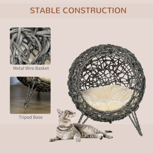 PawHut Rattan Elevated Cat Bed House Kitten Basket Ball Shaped Pet Furniture W Removable Cushion - Silver-Tone And Gray