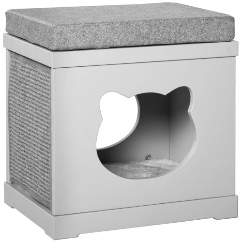 PawHut Cat House Bed Kitten Cave Cube Indoor For Small Pet With Removable Sisal Scratching Pads Soft Cushions, 41x30x36 Cm, Gray