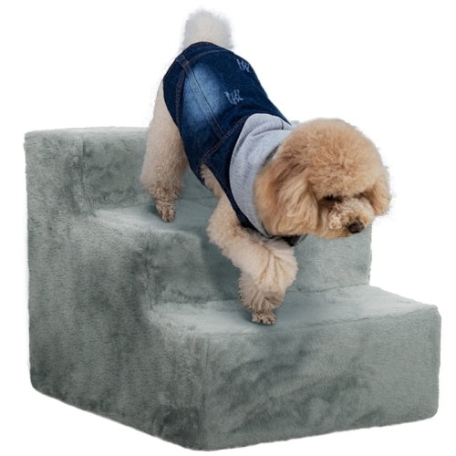 PawHut Three-Step Dog Stairs, With Washable Plush Cover, For High Bed Sofa, Dog Stairs For Small Dog And Cat - Light Gray