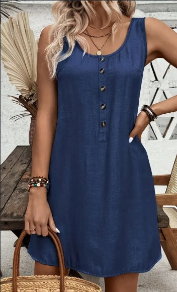 Elegant Women's Round Neck Button-Up Dress - Sleeveless, Solid Color, c, Elegant Special Project Style, Conventional Version, Xia