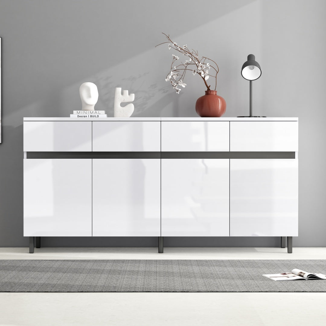 Modern White Sideboard Cabinet with 4 Drawers &amp; 4 Doors – 160x40x68cm