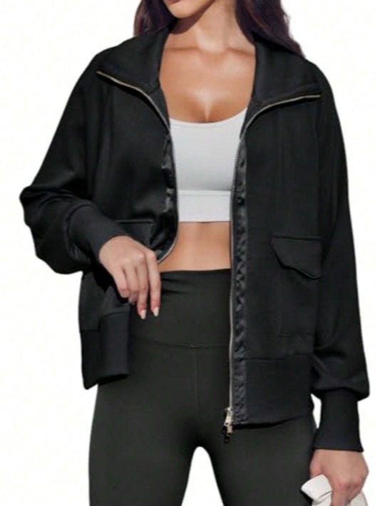 Fisoew Women's Zip Up Sweatshirt Collared Neck Long Sleeve Loose Casual Lightweight Jacket With Pockets