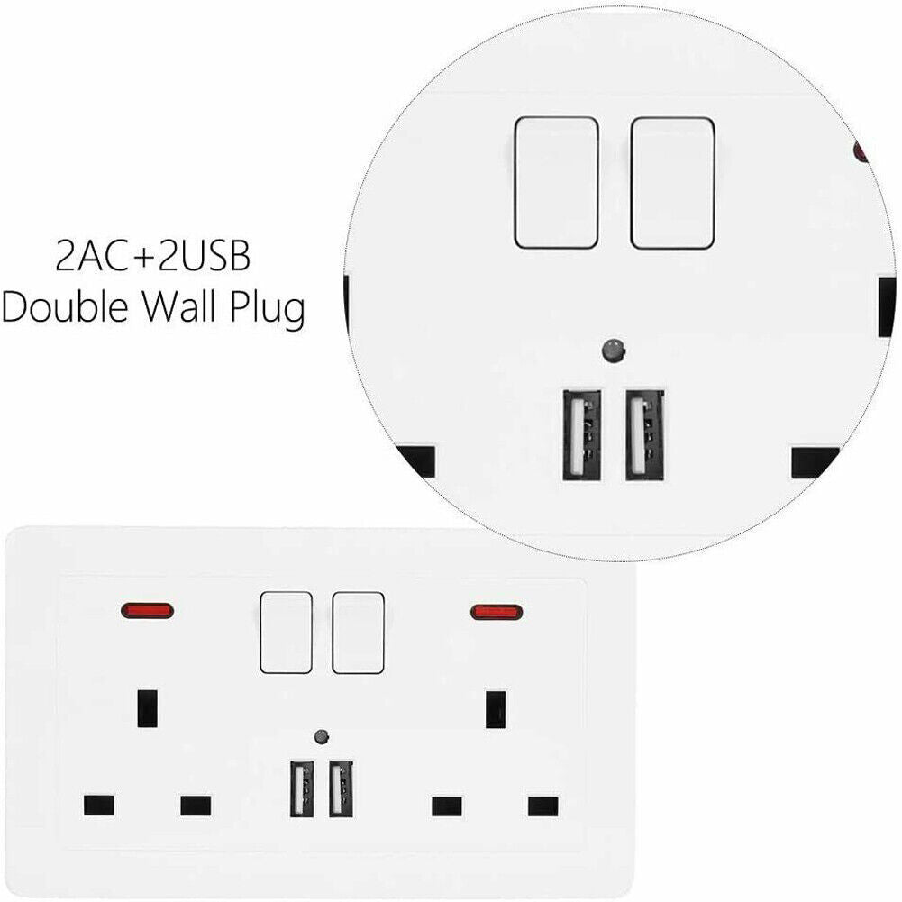 Double Wall Plug Socket 2 Gang 13A W 2 Charger USB  Outlets Flat Plate UK
