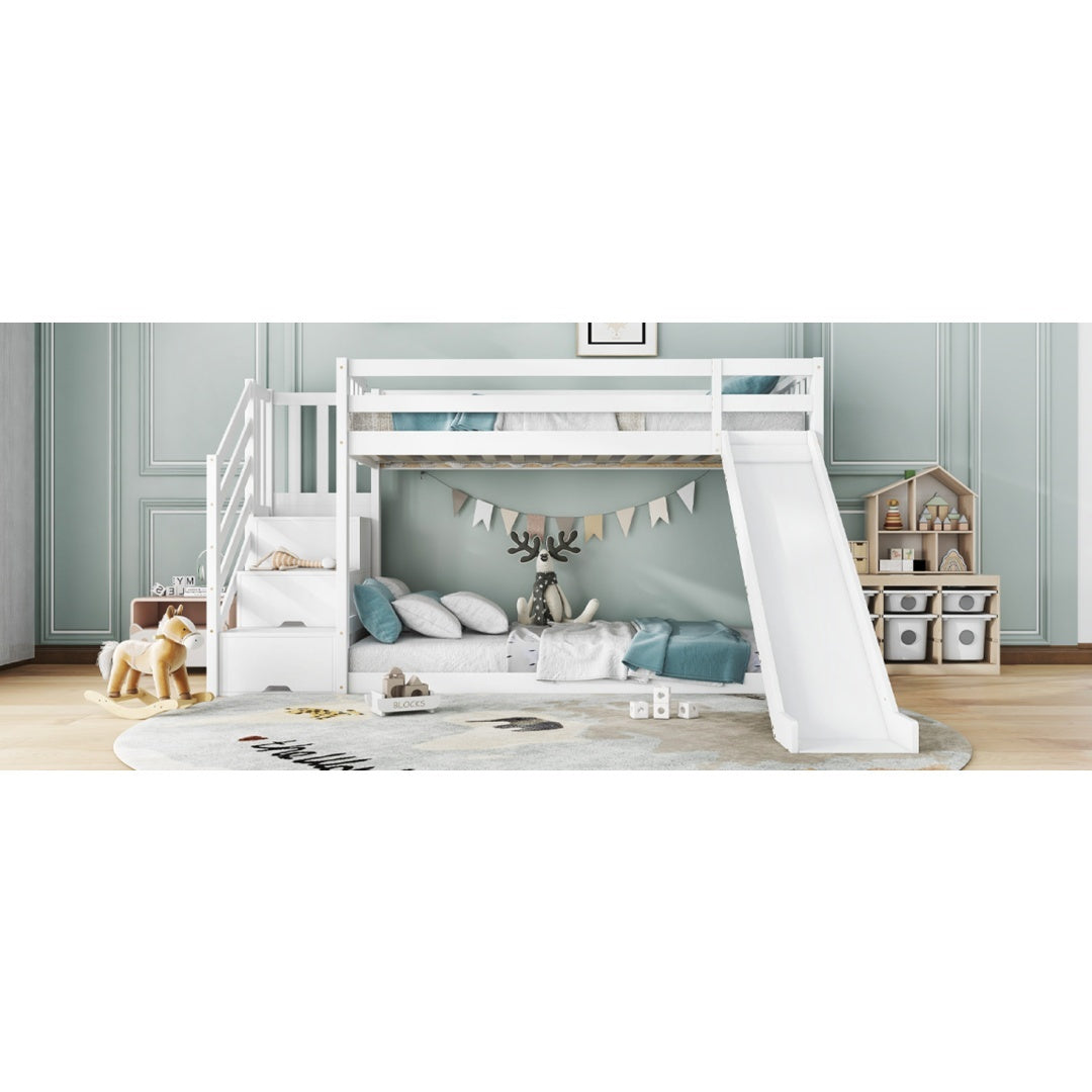 Kids Pine Bunk Bed with Stairs, Slide &amp; Storage – White 90x190cm